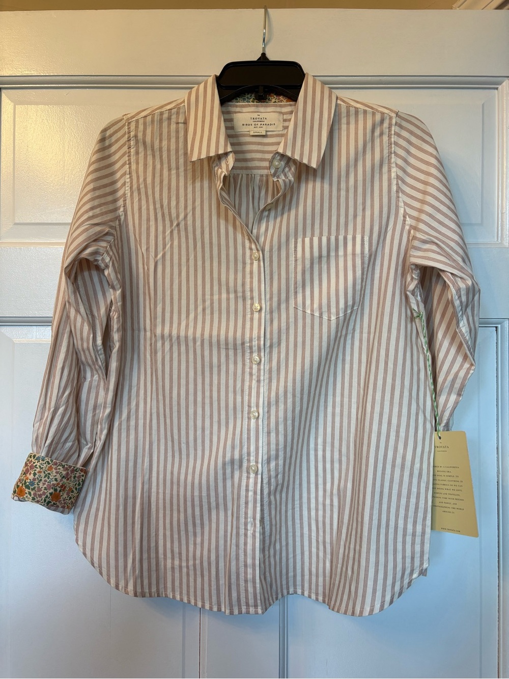 Trovata Striped Cotton Button-Up Shirt - Light brown/white stripe. Size small.